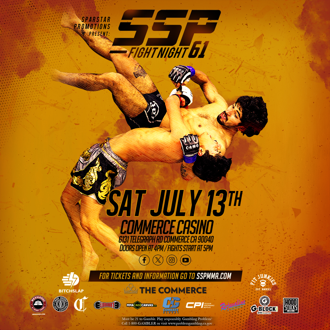 Promotional poster for SSP Fight Night 61 event featuring two fighters in action against an orange, textured background. The text details the event on Saturday, July 13th at Commerce Casino, with doors opening at 4 PM and fights starting at 5 PM. Various sponsor logos are visible at the bottom.