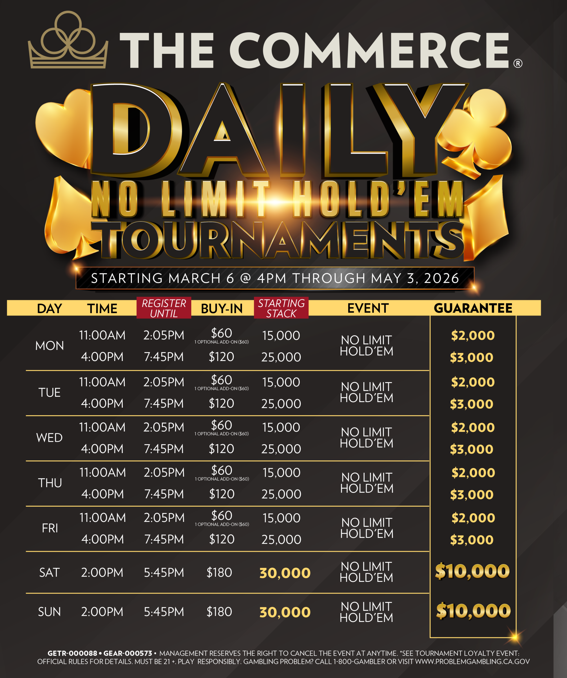 DAILY NO LIMIT HOLD ‘EM TOURNAMENTS