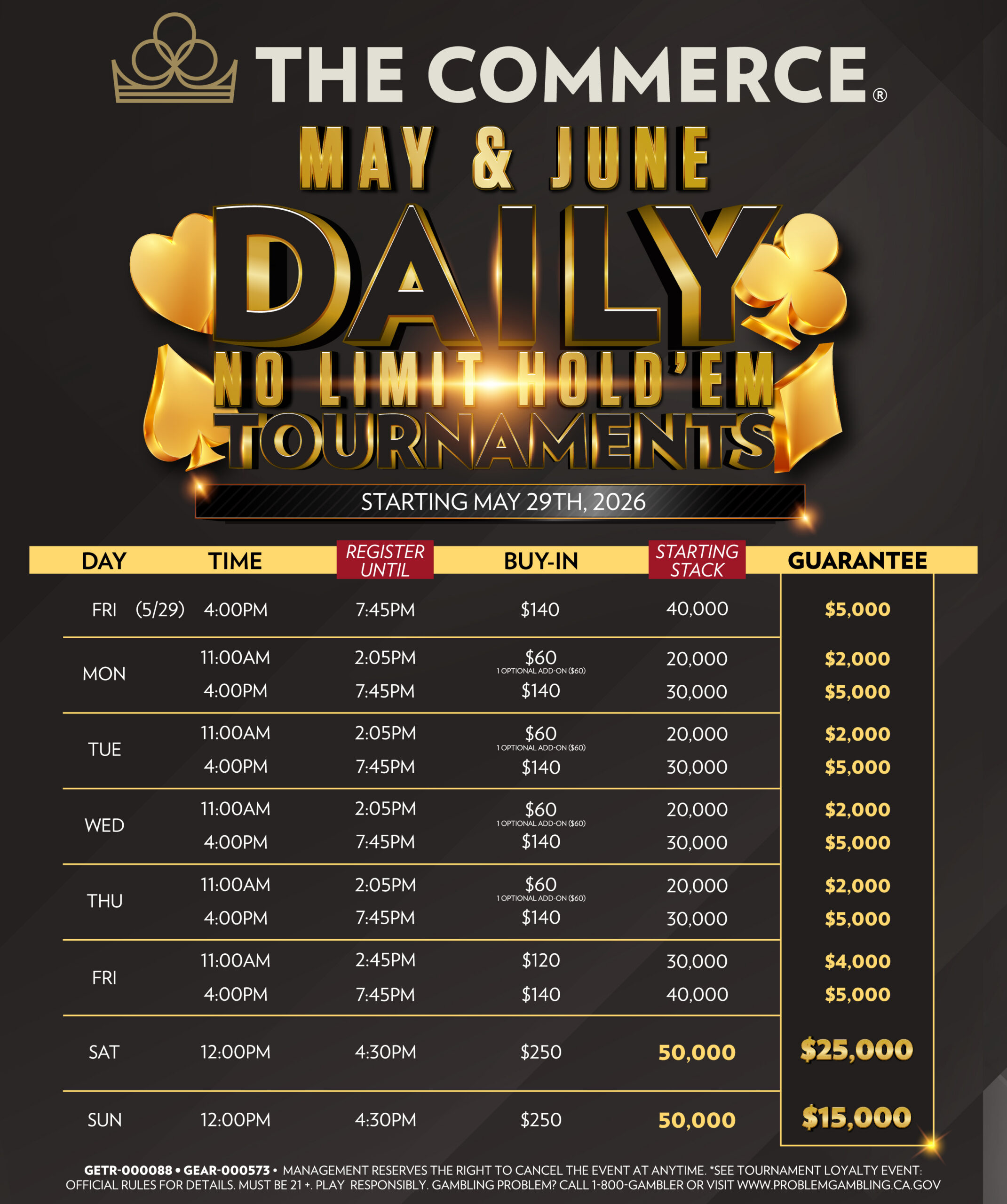 SUMMER DAILY NO LIMIT HOLD ‘EM TOURNAMENTS