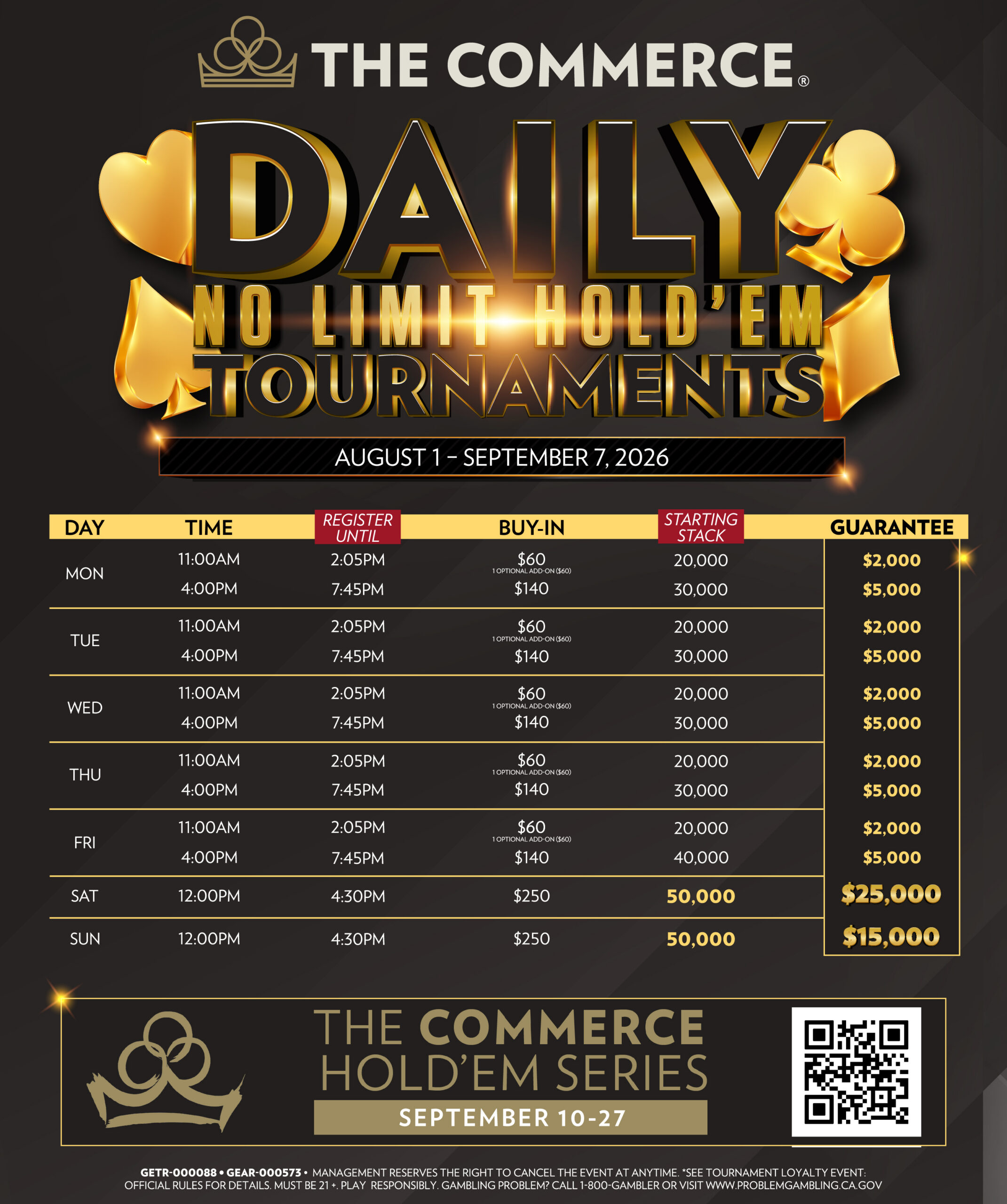 AUGUST DAILY NO LIMIT HOLD ‘EM TOURNAMENTS