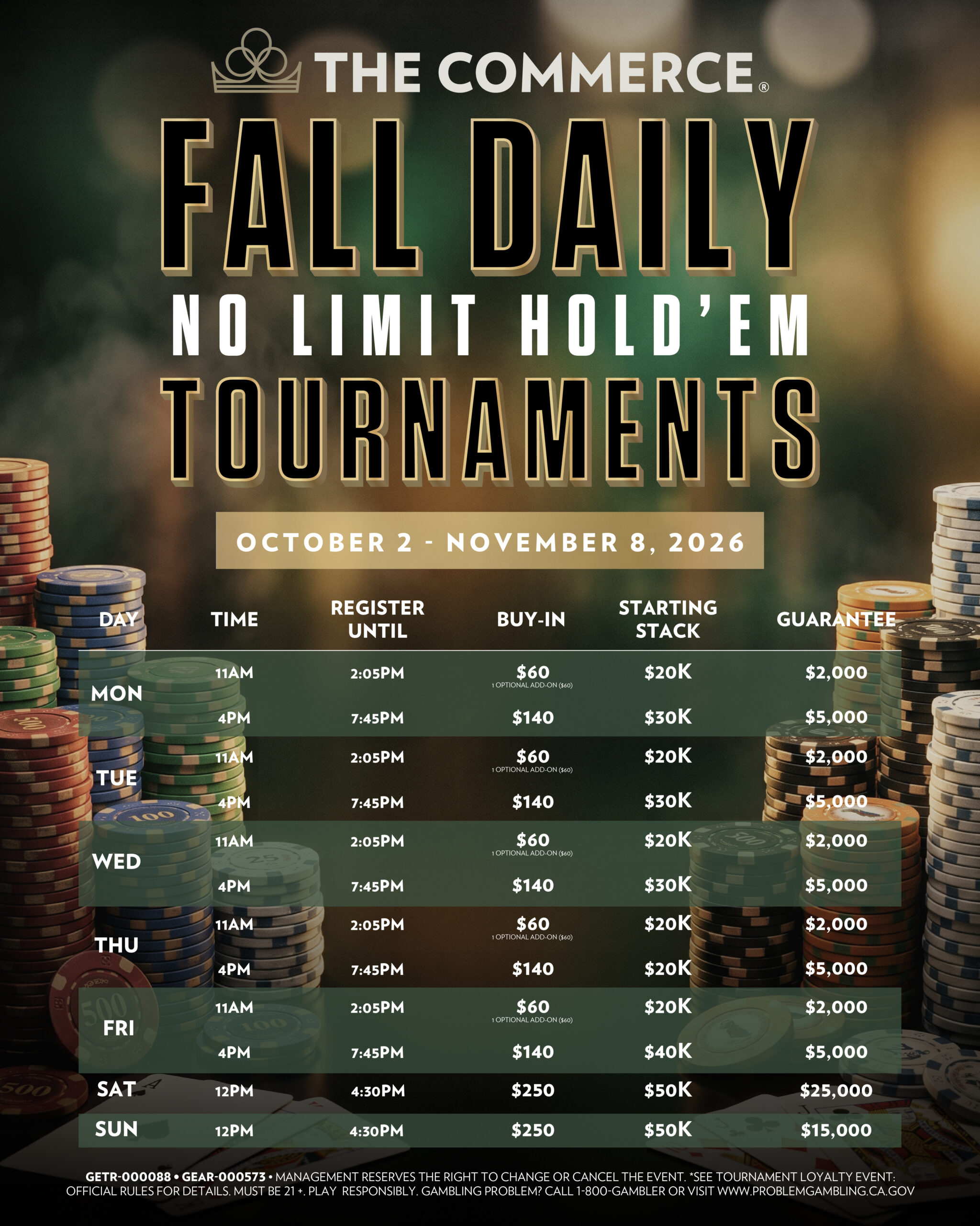 FALL DAILY NO LIMIT HOLD ‘EM TOURNAMENTS